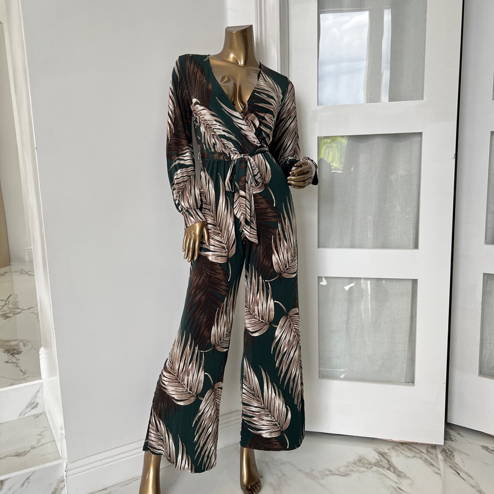 Fashion Nova Green and Brown Leaf Print Jumpsuit